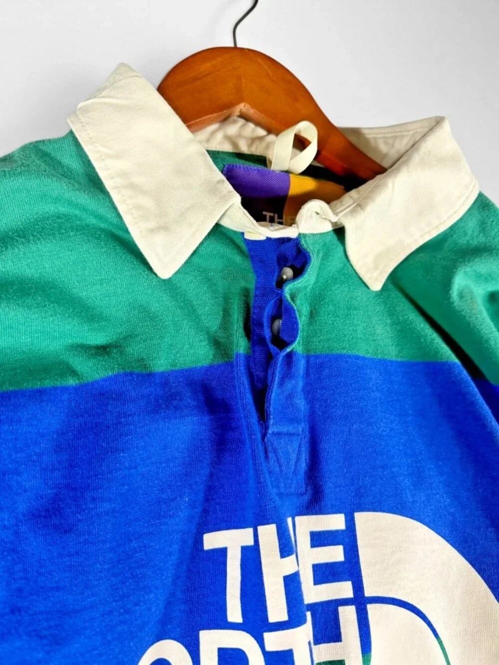 The North Face Rugby Shirt Mens L Blue Green Stripe Long Sleeve Logo Cotton